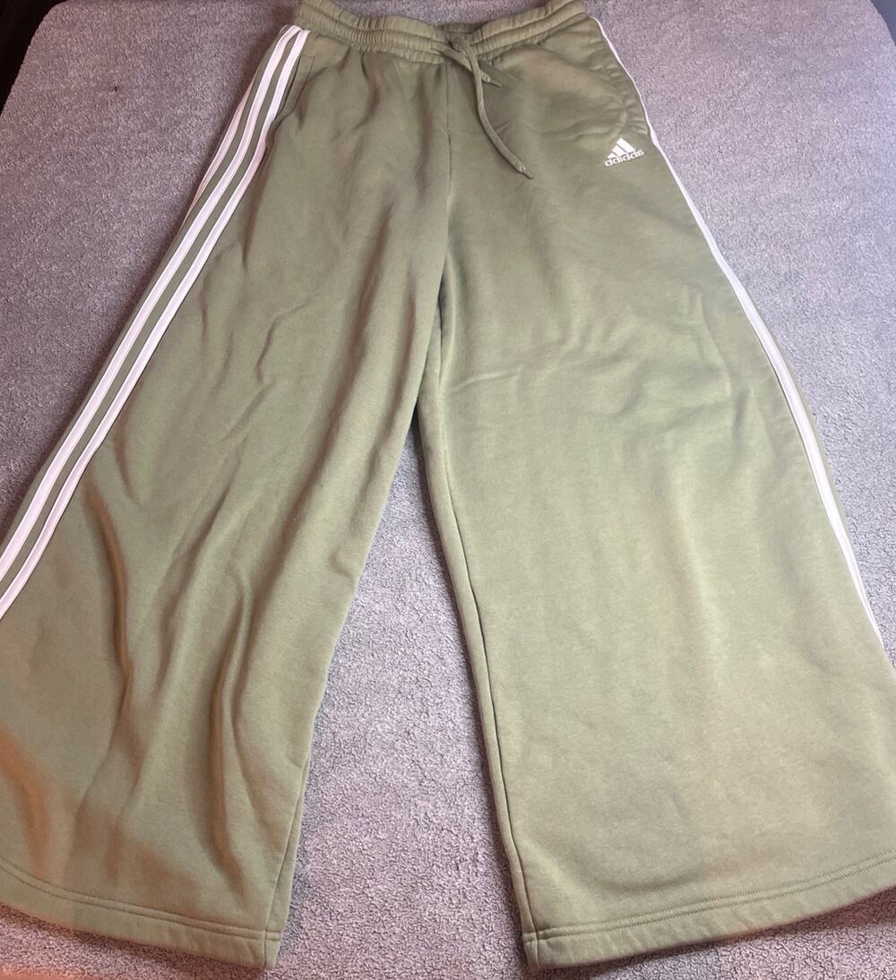 adidas Essentials 3-Stripes Fleece Open Hem Wide Leg Pants Olive Green Medium
